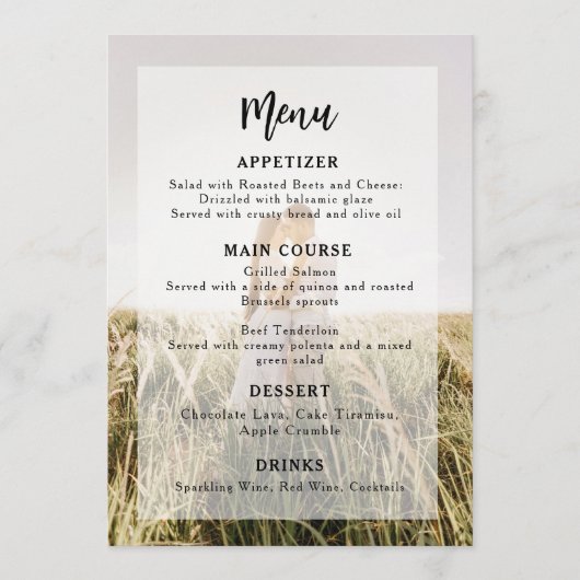 Eenvoudige elegante foto overlay bruiloft menu (Voorkant)