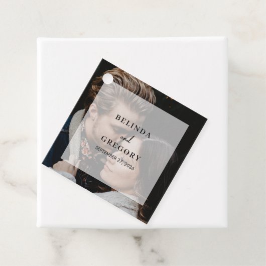 Eenvoudige elegante foto overlay script bruiloft bedankjes labels (In situ)