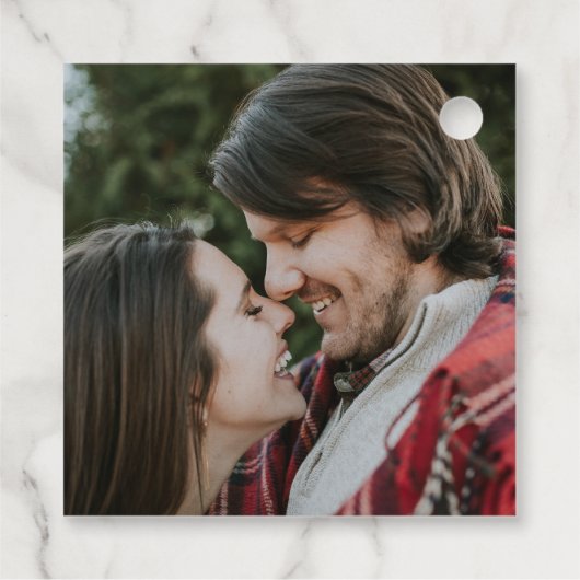 Eenvoudige elegante foto overlay script bruiloft bedankjes labels (Achterkant)