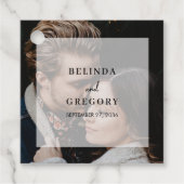 Eenvoudige elegante foto overlay script bruiloft bedankjes labels (Voorkant)