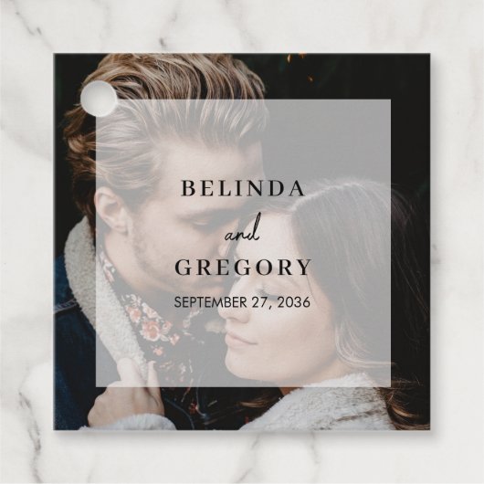 Eenvoudige elegante foto overlay script bruiloft bedankjes labels (Voorkant)