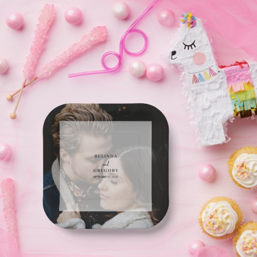 Eenvoudige elegante foto overlay script bruiloft papieren bordje (Feest)