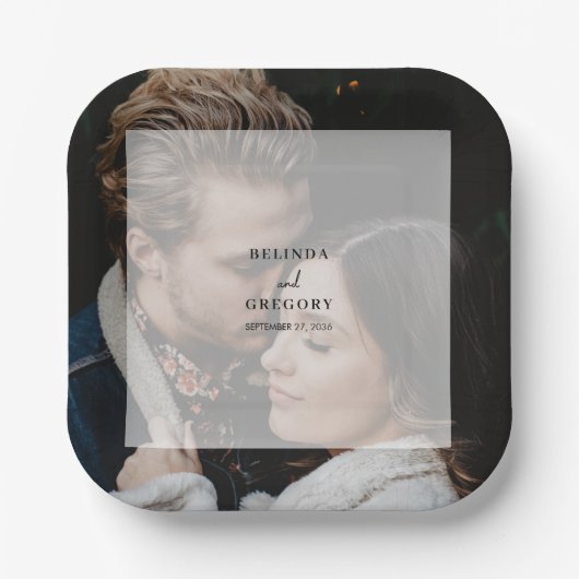 Eenvoudige elegante foto overlay script bruiloft papieren bordje (Voorkant)