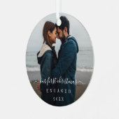 Eenvoudige elegante foto van ons eerste kerstfeest metalen ornament (Voorkant links)