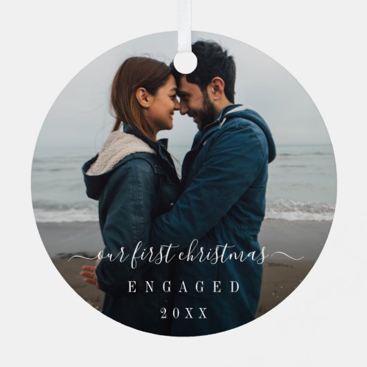 Eenvoudige elegante foto van ons eerste kerstfeest metalen ornament (Achterkant)