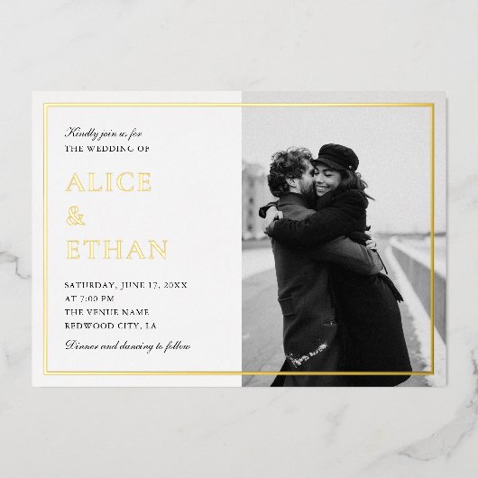 Eenvoudige Elegante Foto Zomer Bruiloft Wit Folie Uitnodiging (Voorkant)