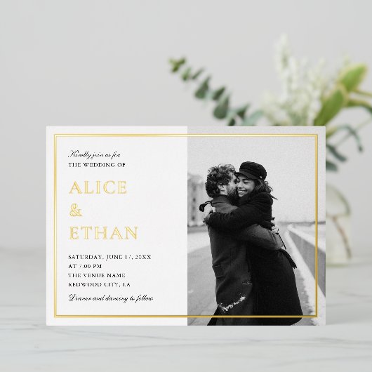 Eenvoudige Elegante Foto Zomer Bruiloft Wit Folie Uitnodiging (Staand Voorkant)