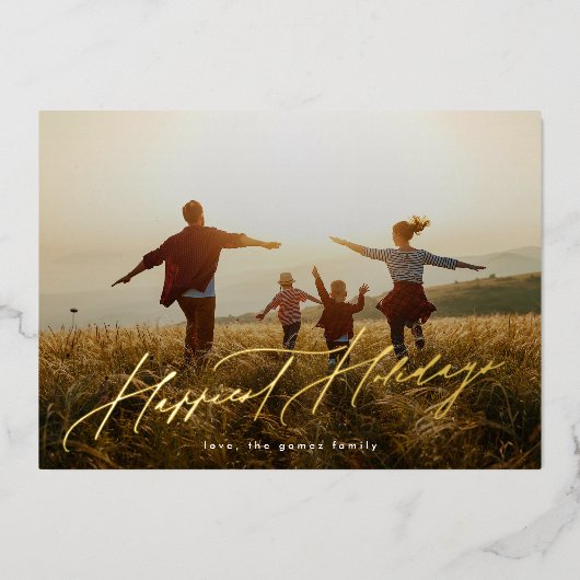 Eenvoudige elegante fototypografie Gold Happiest Folie Feestdagenkaart (Voorkant)