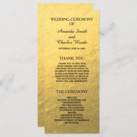 Eenvoudige Elegante Gold Faux Folie Trouwprogramma Programmakaart (Voorkant / Achterkant)