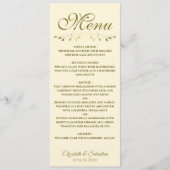 Eenvoudige Elegante Goud & Cream Lacy Filigree Bru Menu (Voorkant)