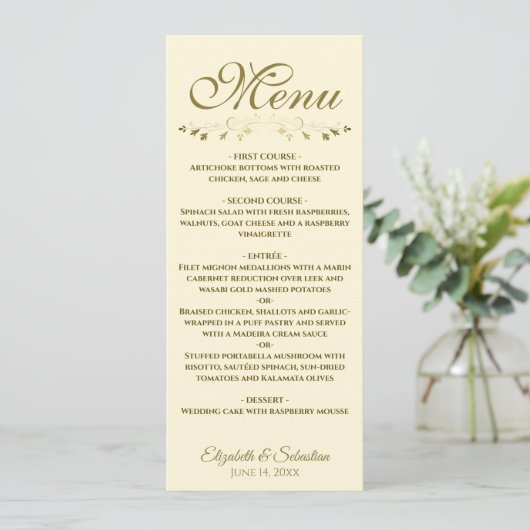 Eenvoudige Elegante Goud & Cream Lacy Filigree Bru Menu (Staand voorkant)