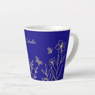 Eenvoudige elegante gouden bloem koningsblauw latte mok