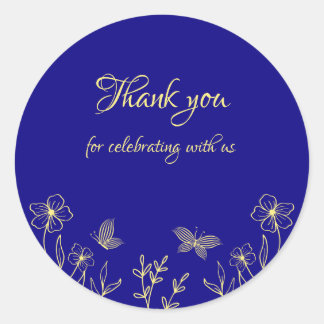 Eenvoudige elegante gouden bloem koninklijke blauw ronde sticker