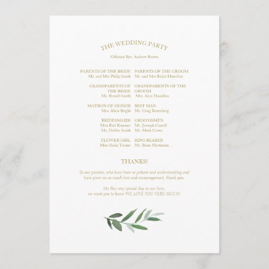 Eenvoudige Elegante Gouden Folie Groen Bruiloft Pr Programmakaart (Achterkant)