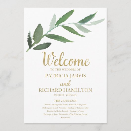 Eenvoudige Elegante Gouden Folie Groen Bruiloft Pr Programmakaart (Voorkant)