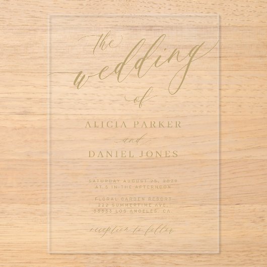 Eenvoudige elegante gouden kalligrafie duidelijke  acryl uitnodigingen (Voorkant)