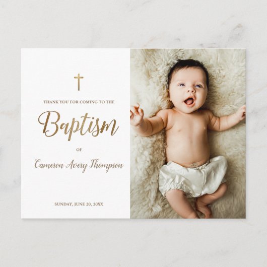 Eenvoudige Elegante Gouden Kruis Doop Foto Dank U Briefkaart (Voorkant)