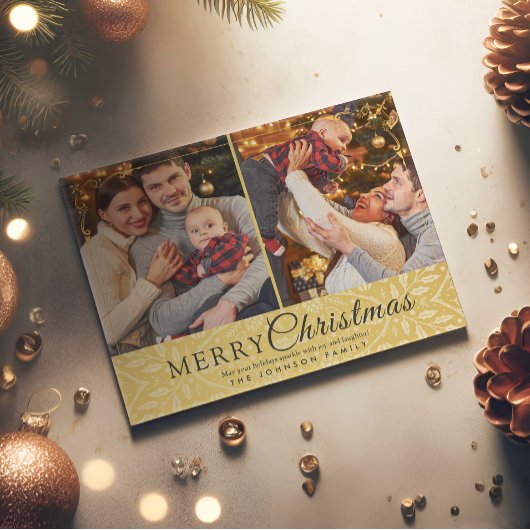 Eenvoudige Elegante Gouden Lijst 2 Foto Kerstmis Feestdagenkaart