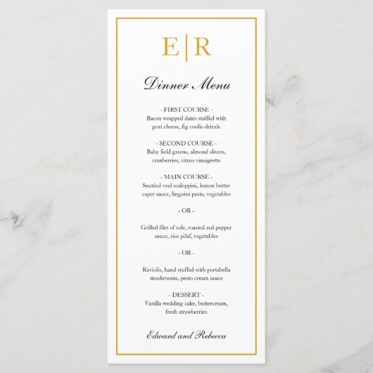 Eenvoudige Elegante Gouden Monogram Formele Trouwd Menu (Voorkant)