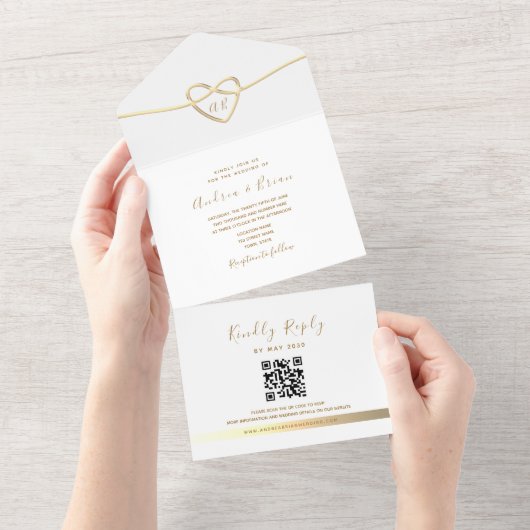 Eenvoudige Elegante Gouden Monogram Huwelijk QR Co All In One Uitnodiging (Afscheurbaar)