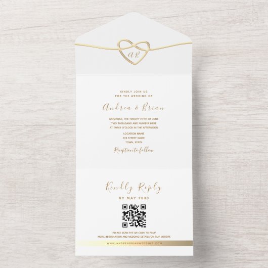 Eenvoudige Elegante Gouden Monogram Huwelijk QR Co All In One Uitnodiging (Binnen)