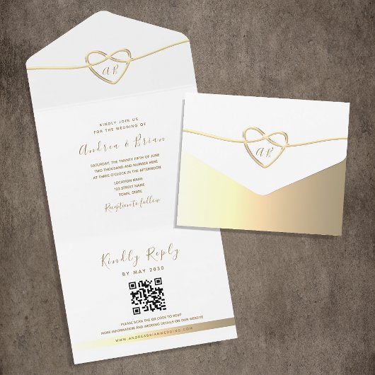 Eenvoudige Elegante Gouden Monogram Huwelijk QR Co All In One Uitnodiging