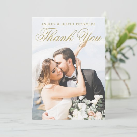 Eenvoudige Elegante Gouden Typografie Fotobruiloft Bedankkaart (Staand voorkant)