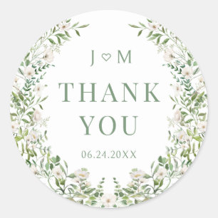 Eenvoudige elegante groen bloemenbruiloft dank u ronde sticker