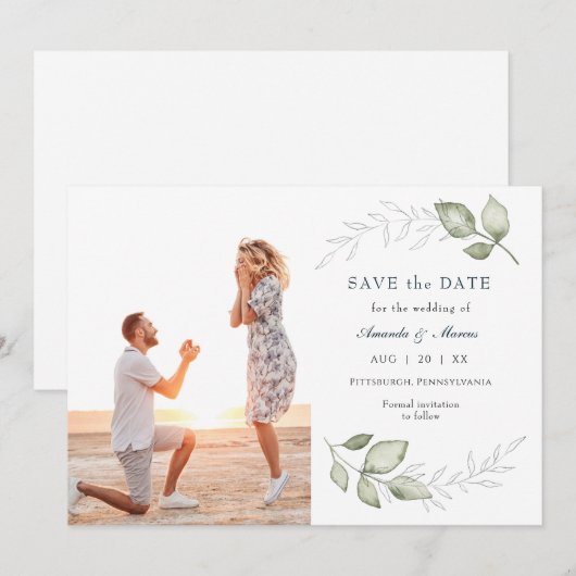 Eenvoudige elegante groene foto Save the Date Kaart (Voorkant / Achterkant)