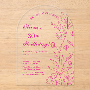 Eenvoudige Elegante Hot Pink Bloemen Verjaardag Acryl Uitnodigingen