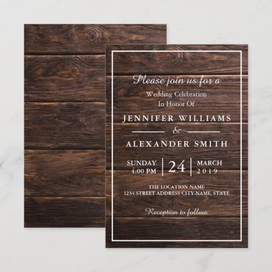 Eenvoudige elegante houten bruiloft uitnodiging (Voorkant / Achterkant)