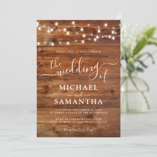 Eenvoudige elegante houten rustieke bruiloft uitno kaart (Staand voorkant)
