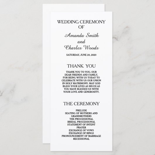 Eenvoudige elegante huwelijksprogramma's programmakaart (Voorkant / Achterkant)