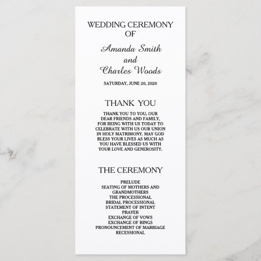 Eenvoudige elegante huwelijksprogramma's programmakaart (Voorkant)