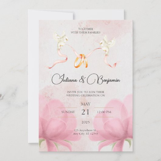 Eenvoudige elegante huwelijksuitnodiging met roze  kaart (Voorkant)