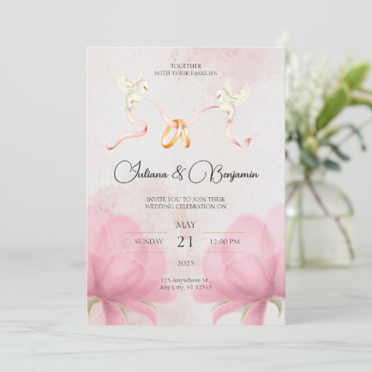 Eenvoudige elegante huwelijksuitnodiging met roze  kaart (Staand voorkant)