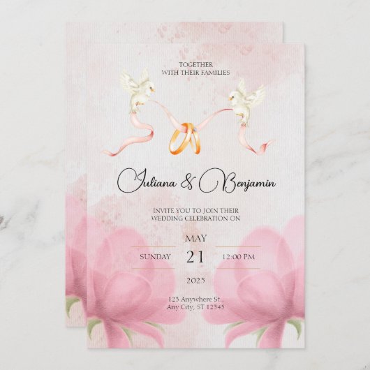 Eenvoudige elegante huwelijksuitnodiging met roze  kaart (Voorkant / Achterkant)