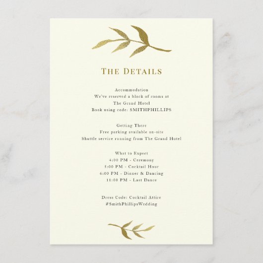 Eenvoudige elegante ivoor en gouden bruiloft detai informatiekaartje (Voorkant)