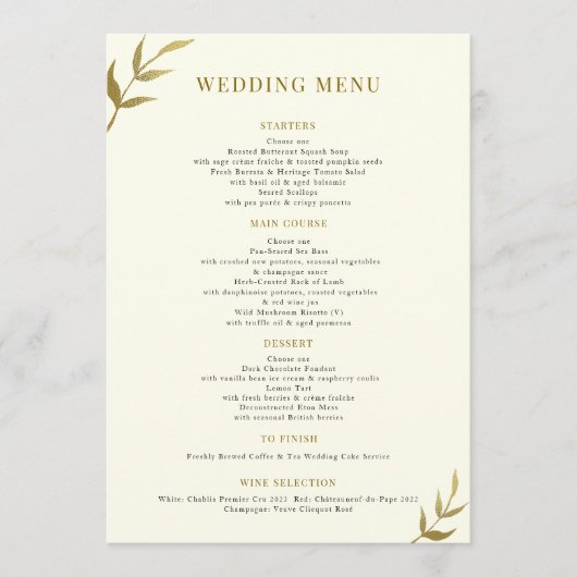 Eenvoudige elegante ivoor en gouden bruiloft menu (Voorkant)