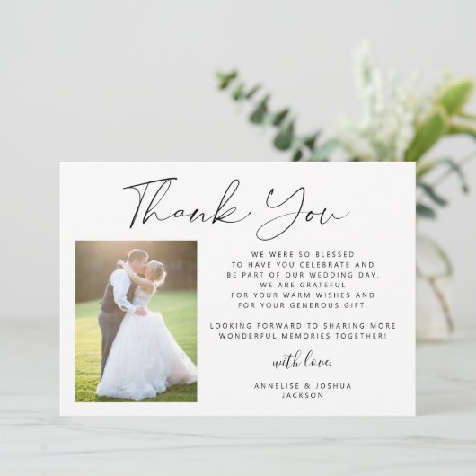 Eenvoudige elegante kalligrafie 2 foto's bruiloft bedankkaart (Staand voorkant)