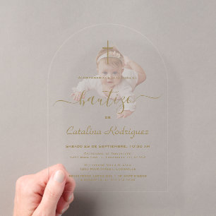 Eenvoudige Elegante Kalligrafie Baby Foto Doop Acryl Uitnodigingen