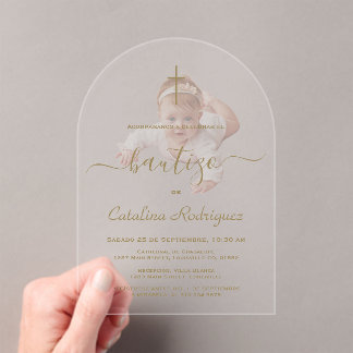 Eenvoudige Elegante Kalligrafie Baby Foto Doop  Acryl Uitnodigingen