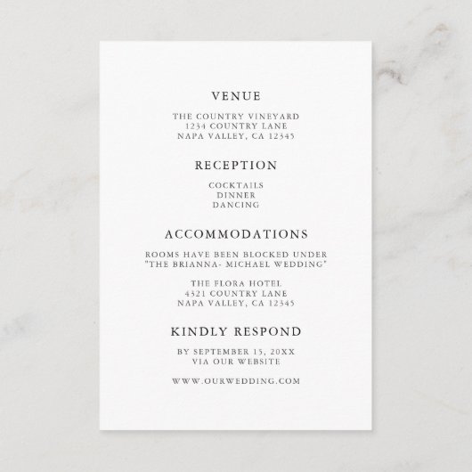 Eenvoudige elegante kalligrafie bruiloft details informatiekaartje (Achterkant)