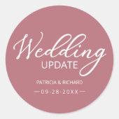 Eenvoudige elegante kalligrafie bruiloft update ronde sticker (Voorkant)