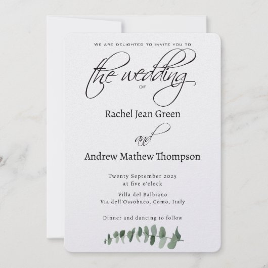 Eenvoudige Elegante Kalligrafie Eucalyptus Bruilof (Voorkant)