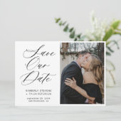 Eenvoudige elegante kalligrafie foto bruiloft save the date (Staand voorkant)