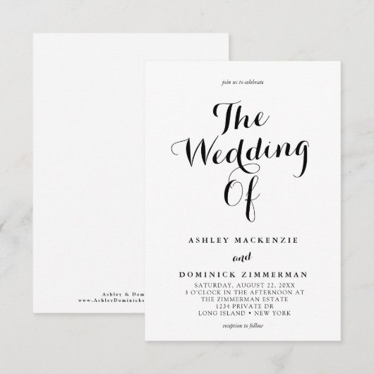 Eenvoudige Elegante Kalligrafie Zwart & Wit Huweli Kaart (Voorkant / Achterkant)