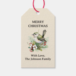 Eenvoudige Elegante Kerst Bloemen Vogel Cadeaulabel