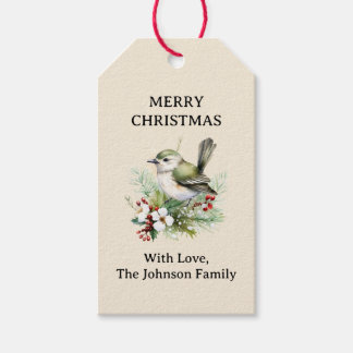 Eenvoudige Elegante Kerst Bloemen Vogel Cadeaulabel