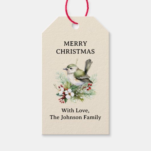 Eenvoudige Elegante Kerst Bloemen Vogel Cadeaulabel (Voorkant)